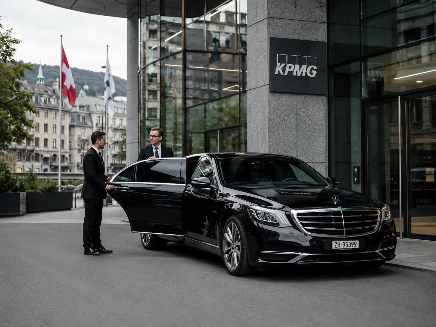 Black executive chauffeur vehicle waiting outside a Swiss corporate office