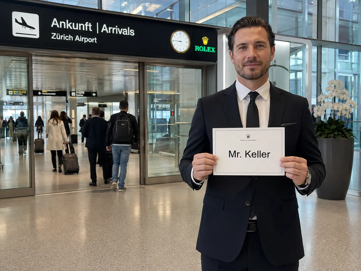 Professional chauffeur holding a passenger name sign in a Swiss airport arrivals area