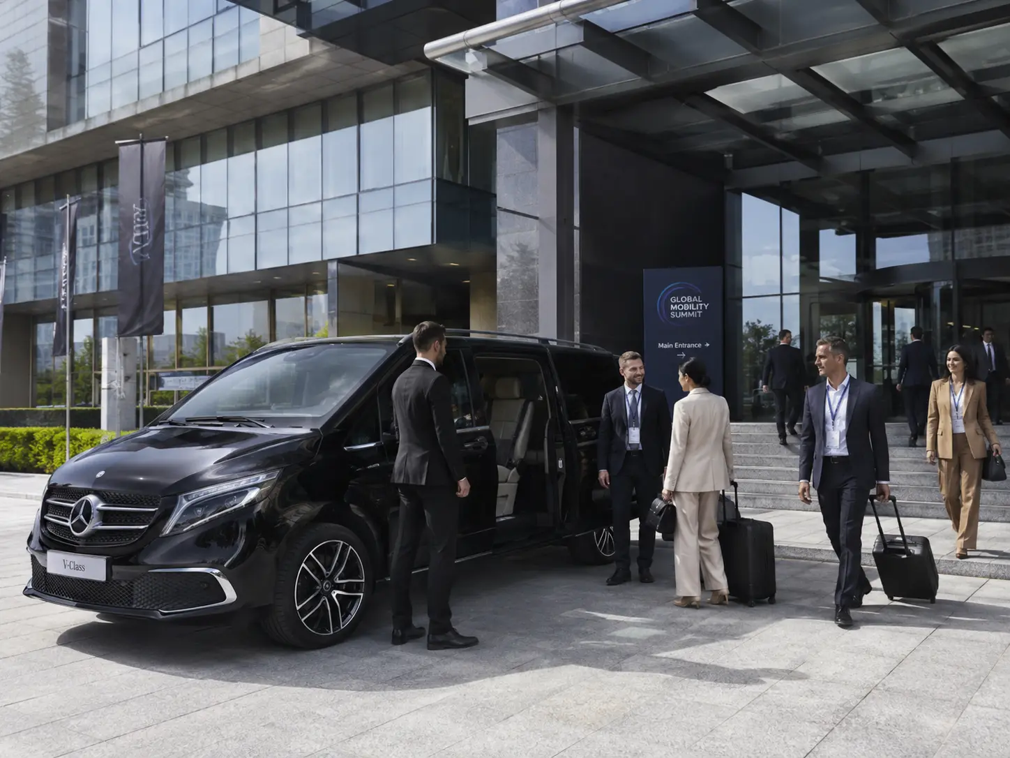 Private chauffeur vehicle outside a modern corporate office in Switzerland