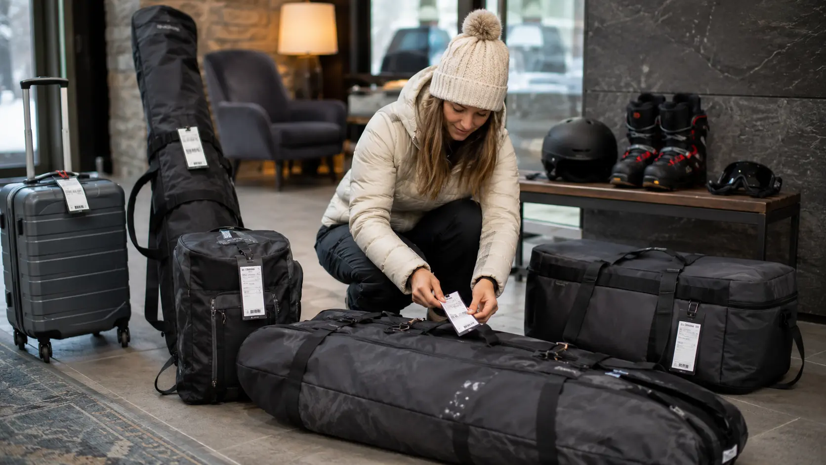 Private chauffeur assisting travellers with ski equipment and luggage outside an alpine hotel in Davos