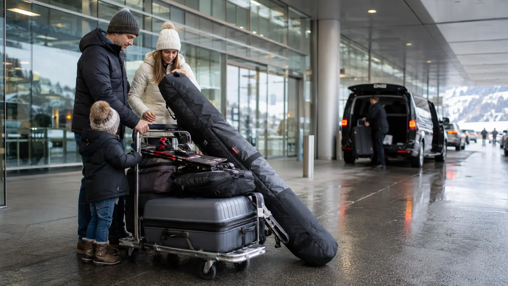 Traveller packing and labelling ski bags and luggage before sending equipment to Davos