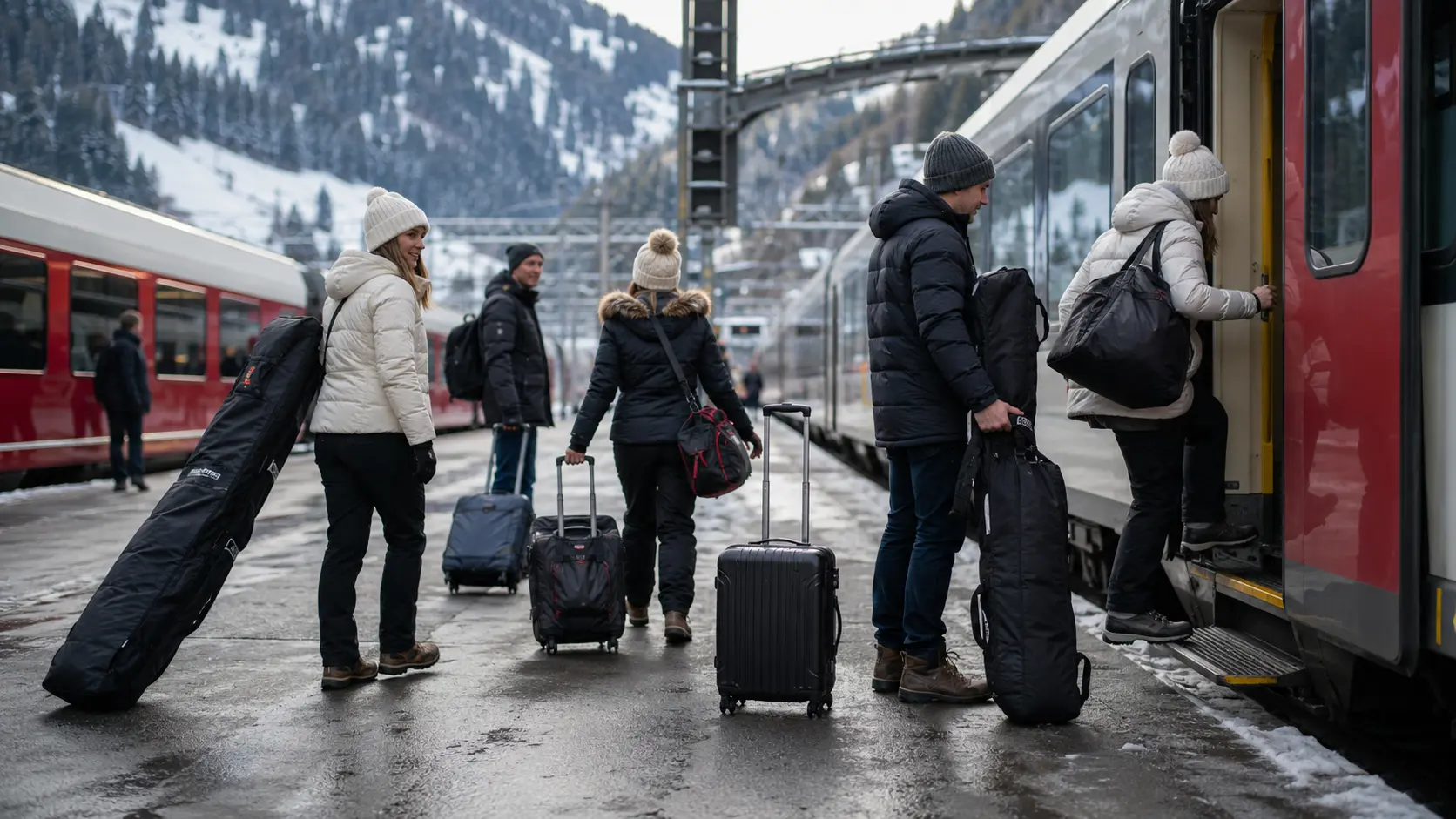 Travellers boarding a Swiss train with ski bags and suitcases during a winter journey to Davos