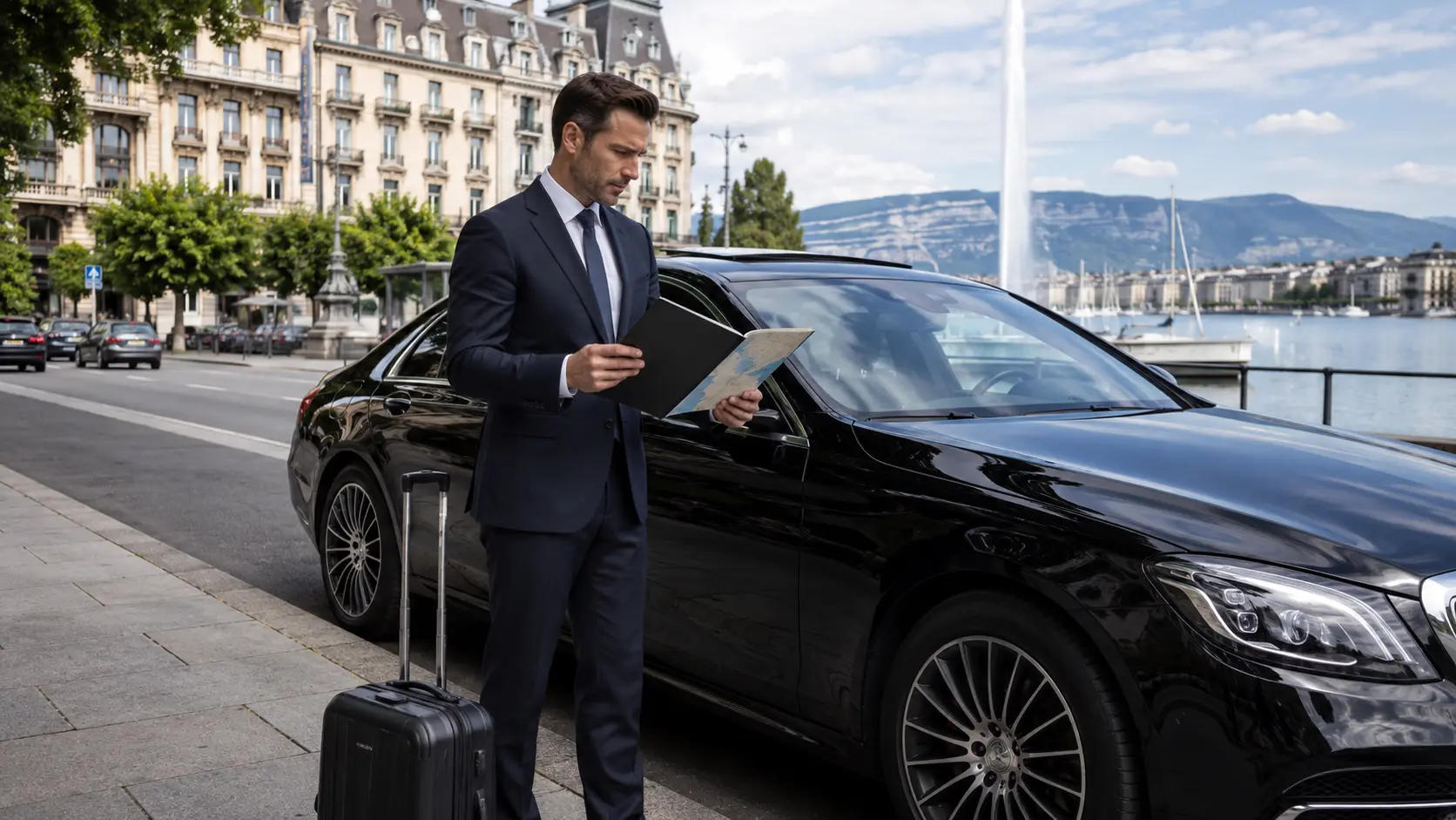 Business visitor reviewing a multi-stop Geneva Watch Days showroom itinerary beside a chauffeur vehicle