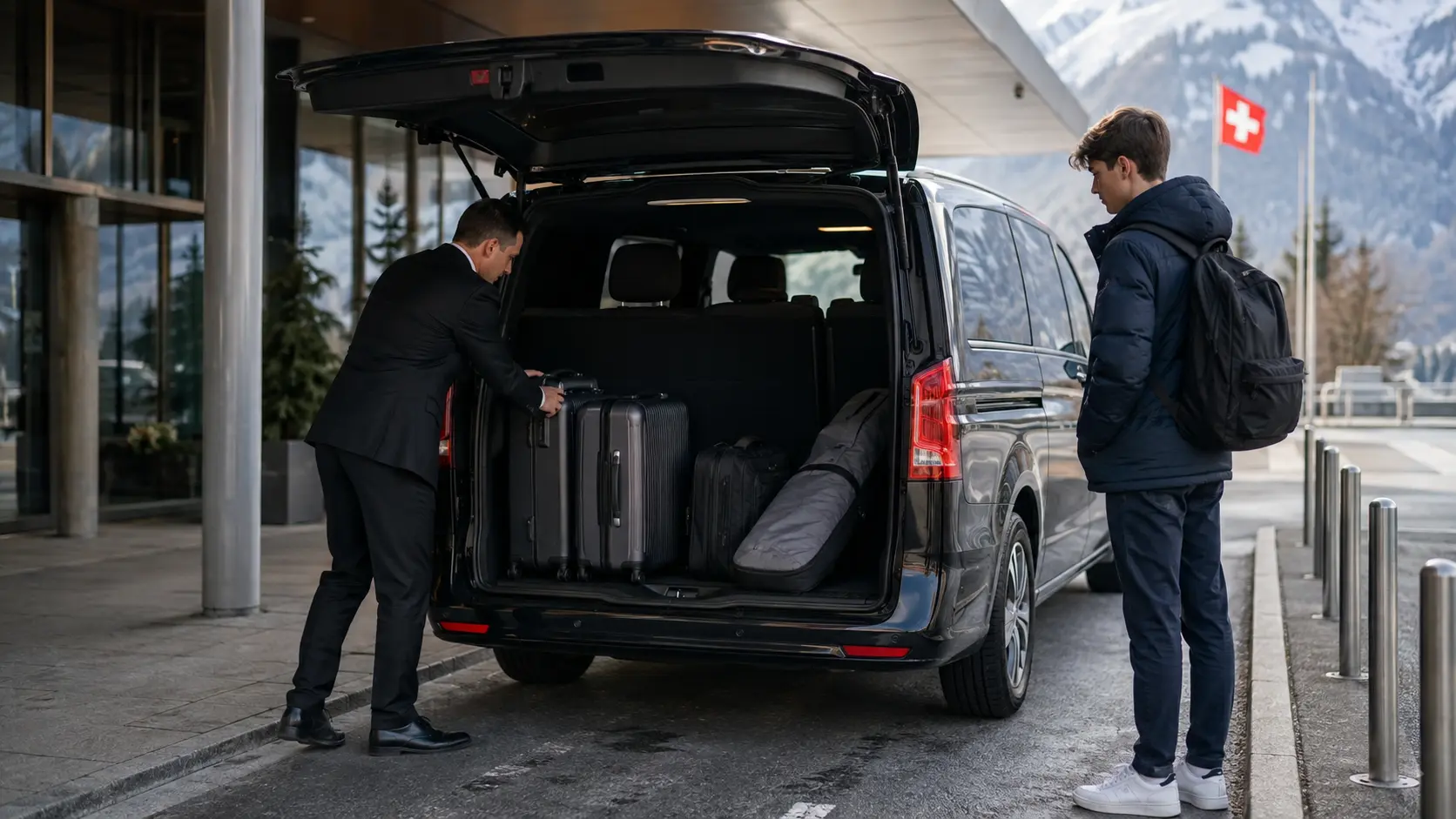 Private chauffeur loading boarding school luggage into a Mercedes V-Class at a Swiss Alpine terminal