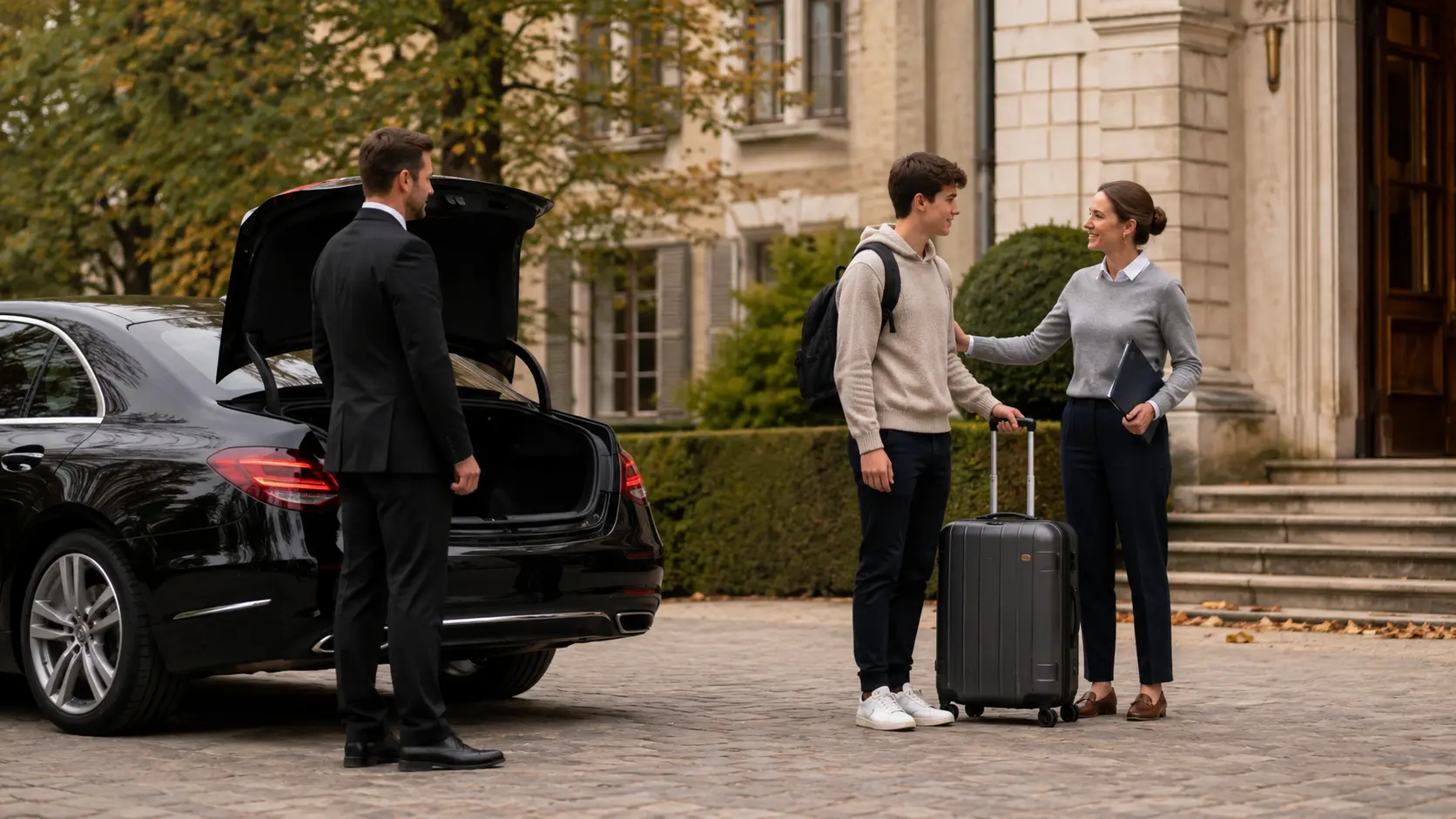 Private chauffeur accompanying an international boarding school student at a Swiss residence entrance
