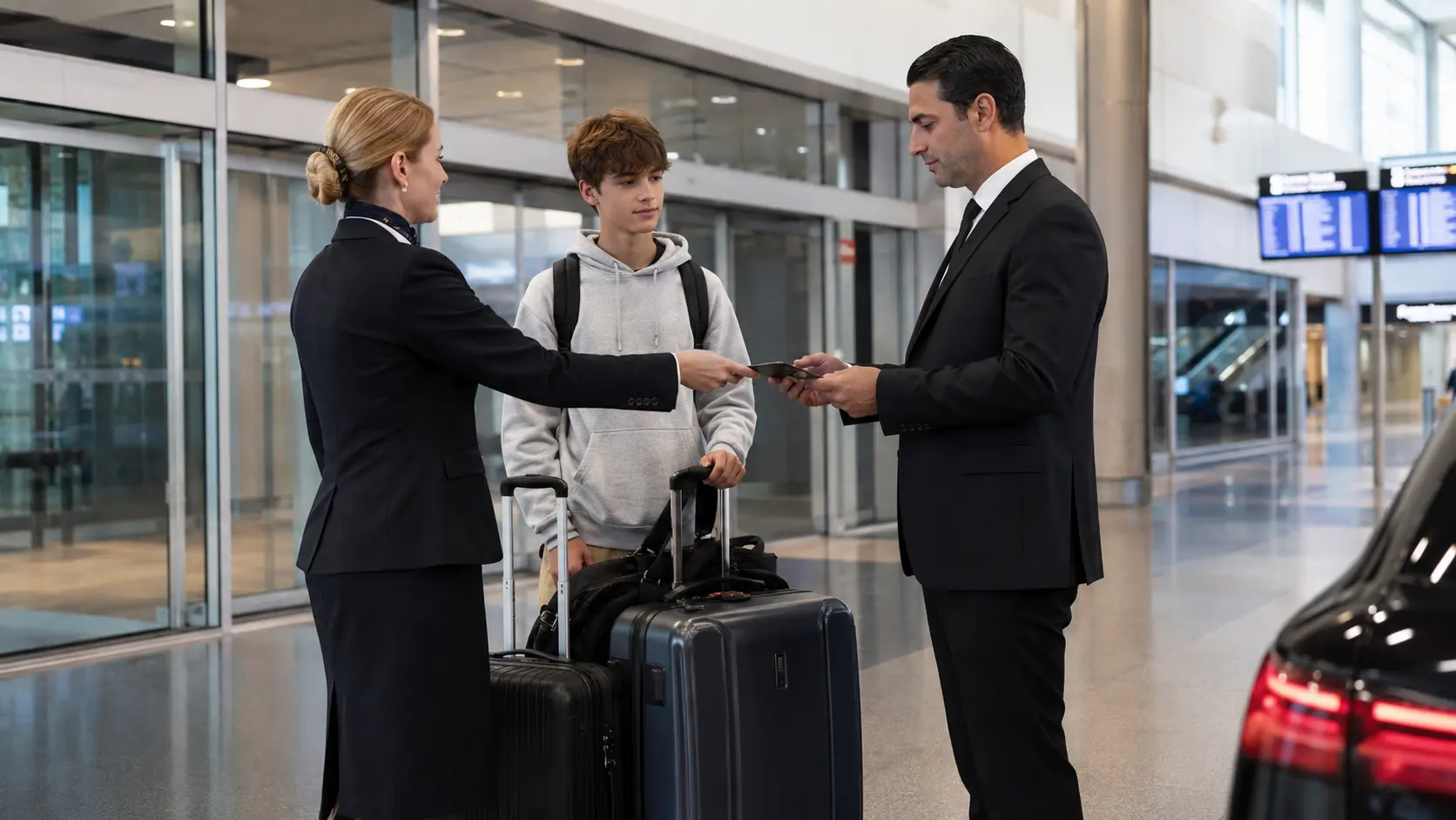 Airline assistance representative handing a boarding school student to a private chauffeur at a Swiss airport