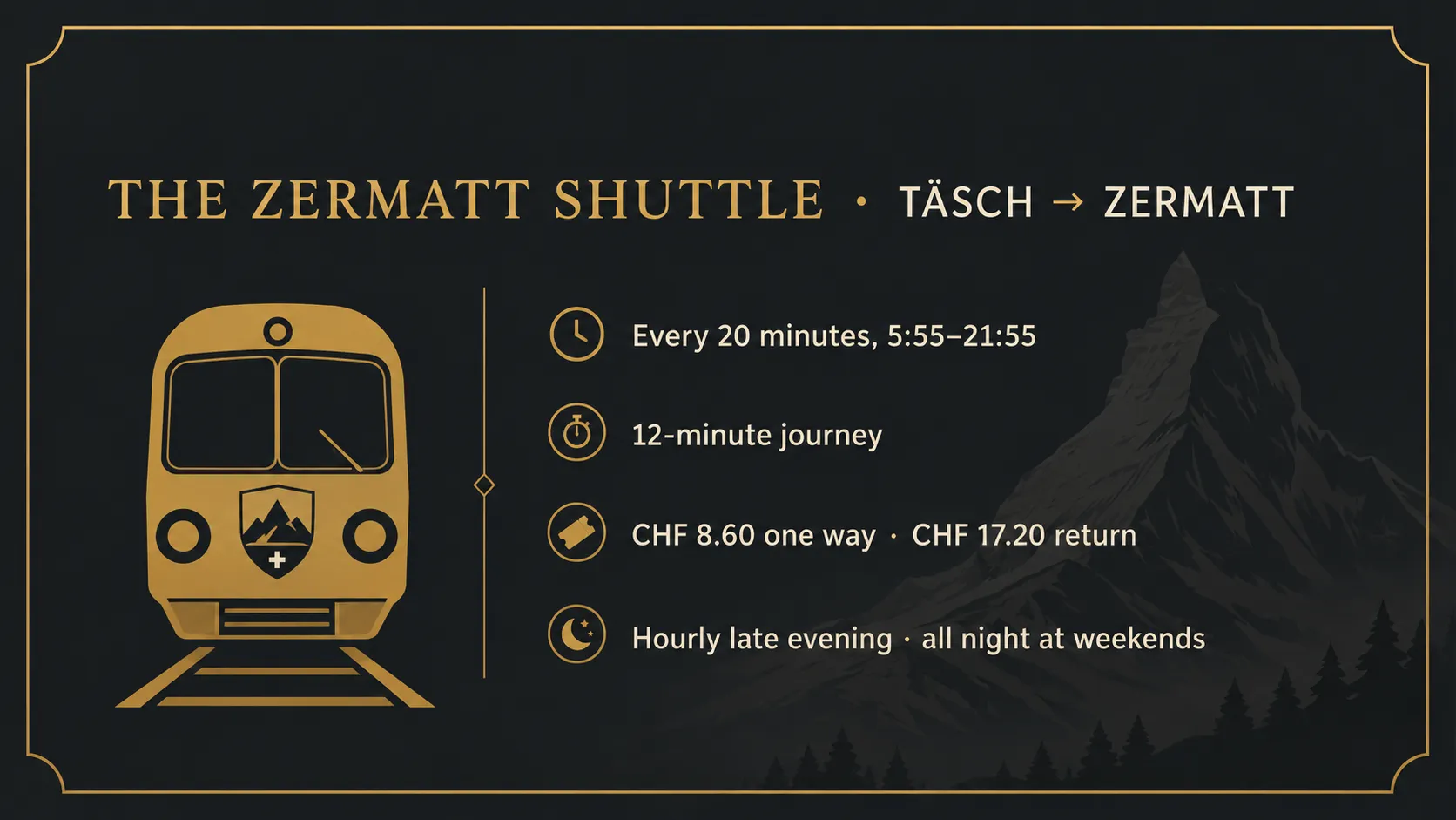 Key facts about the Zermatt Shuttle from Täsch: departures every 20 minutes, 12-minute journey, CHF 8.60 one way