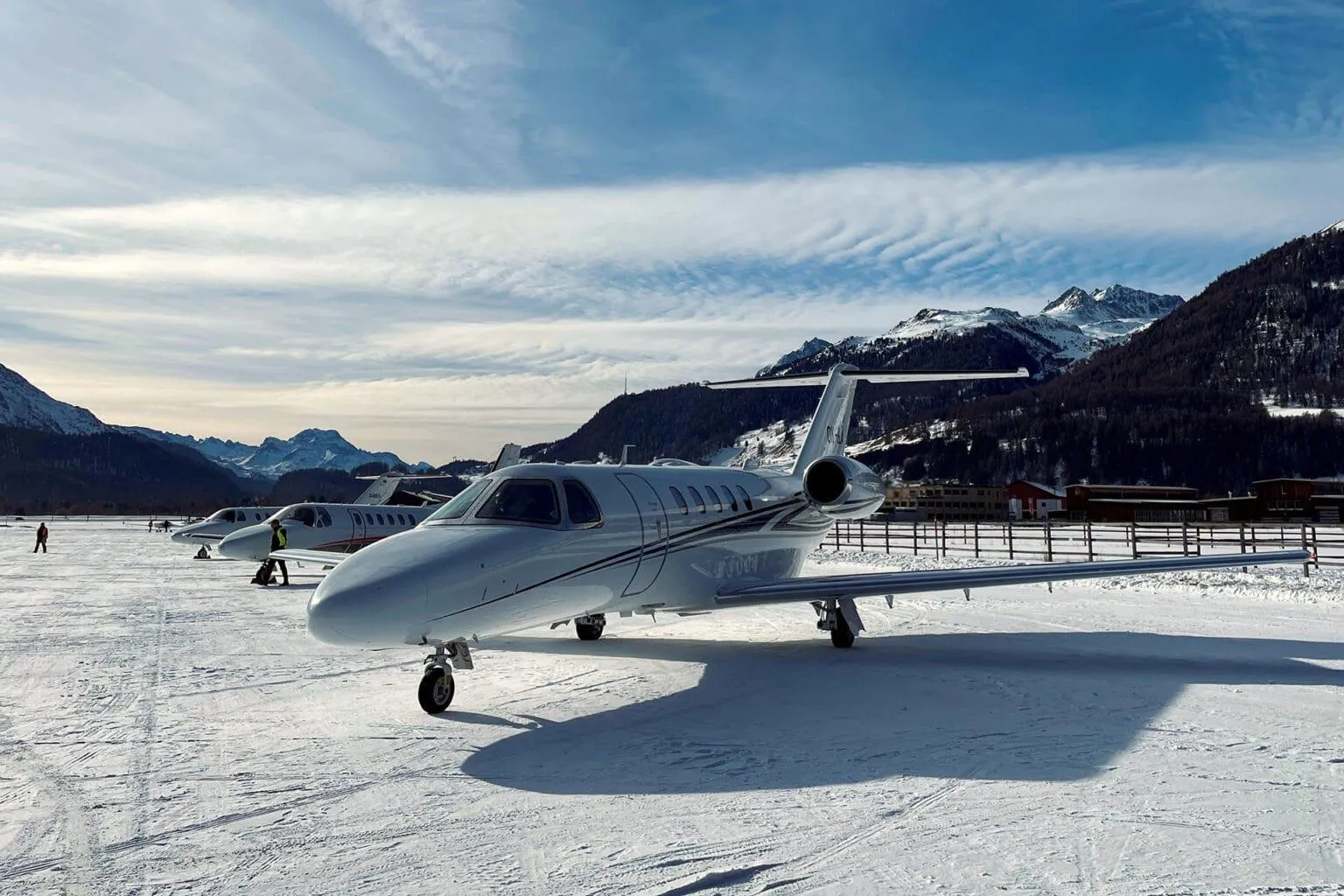 Private jet at Engadin Airport in Samedan during winter near St. Moritz