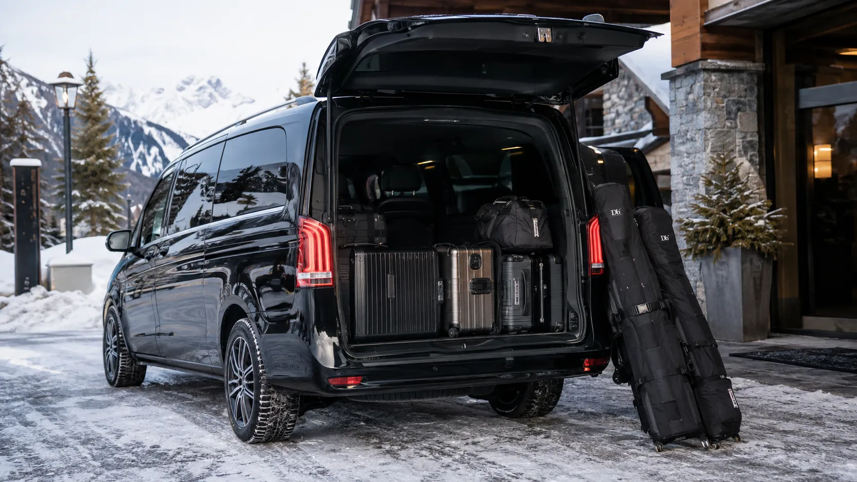Mercedes V-Class prepared for a St. Moritz ski transfer with luggage and ski equipment