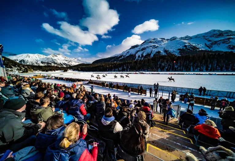 Snow Polo players competing on the frozen Lake St. Moritz in winter