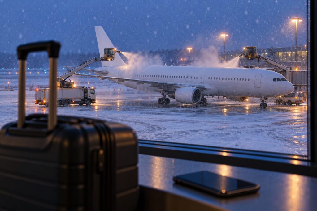 Airliner being de-iced on a snowy apron, seen from a terminal window with a suitcase in the foreground