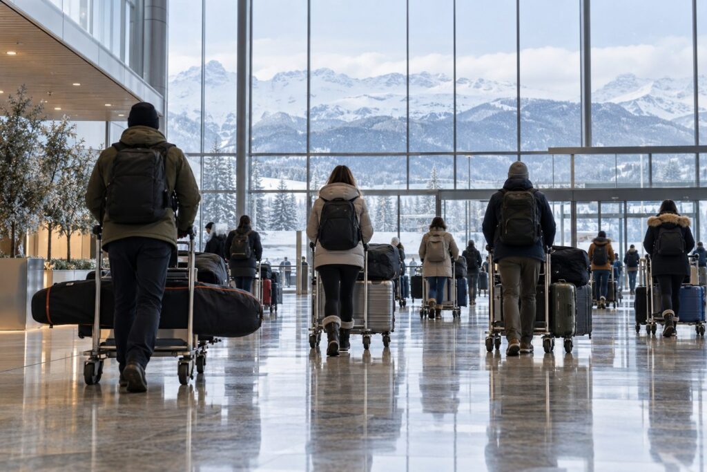 Travellers with ski bags and luggage trolleys walking through an airport arrivals hall in winter