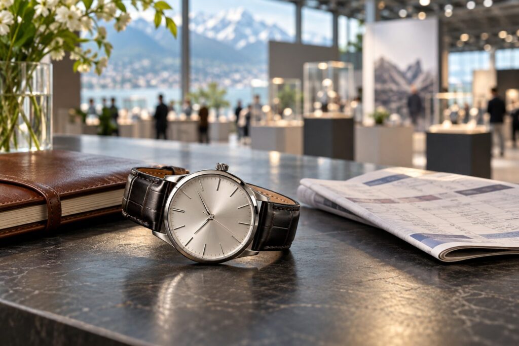 Swiss wristwatch on a table in front of a blurred exhibition hall