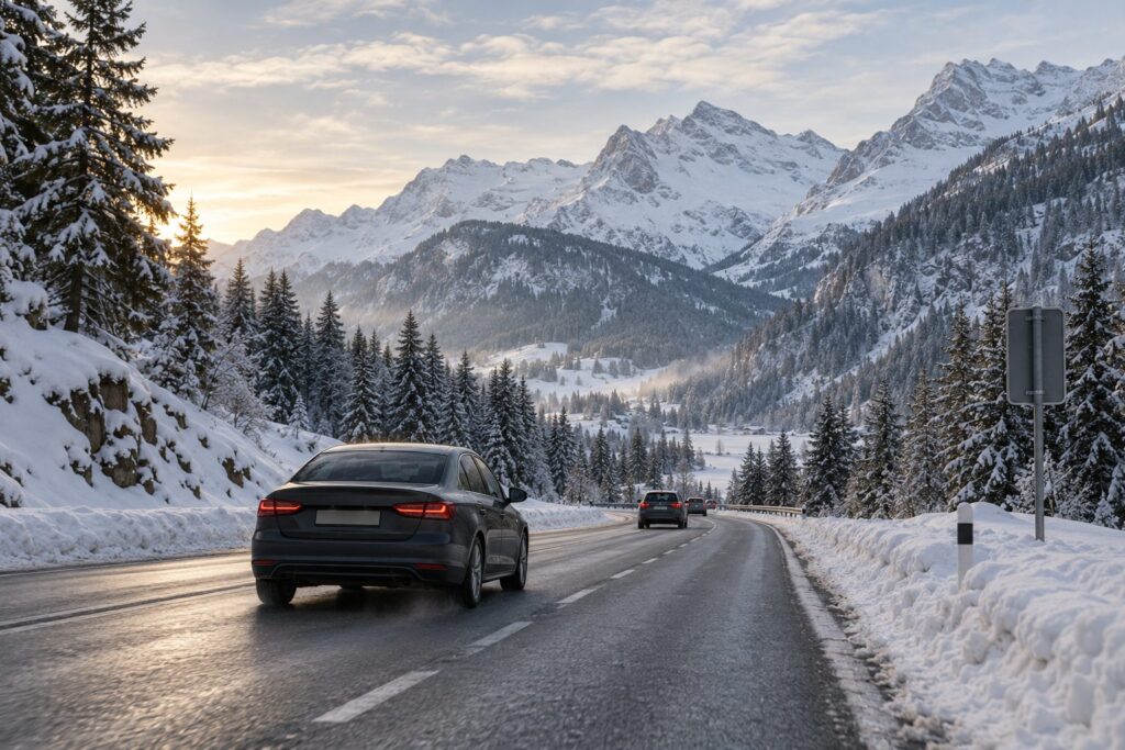Car driving on a snow-cleared alpine road through a winter valley in Switzerland