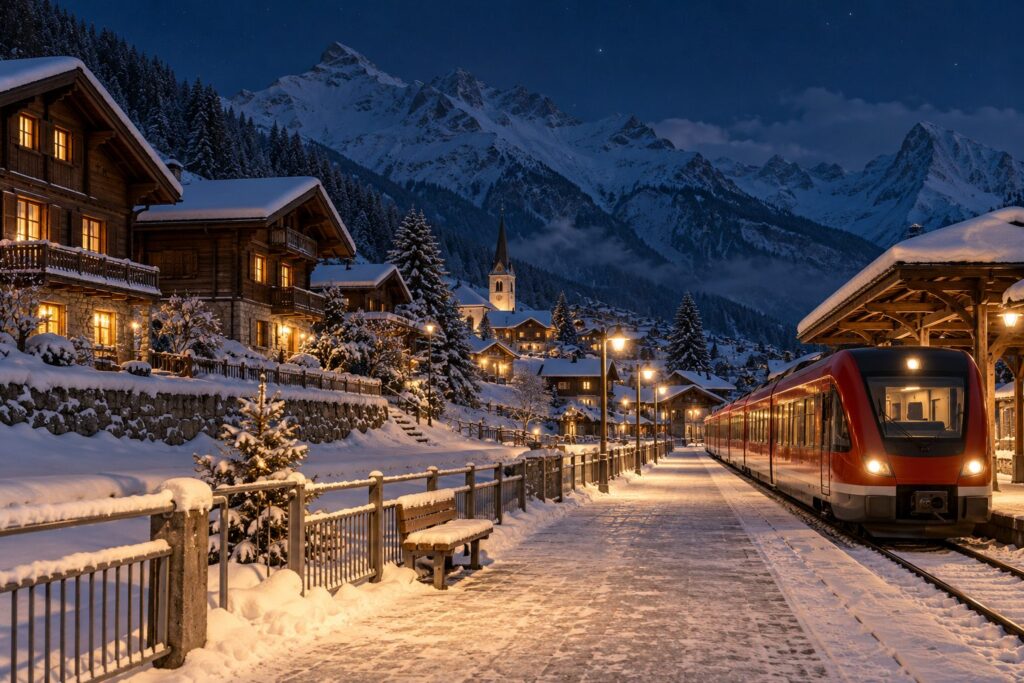 Snowy alpine village at night with a red regional train waiting at a small station