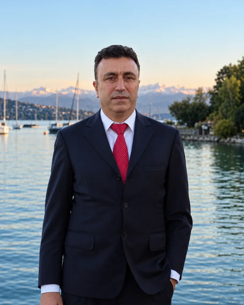 Chauffeur Nihat in a dark suit and red tie